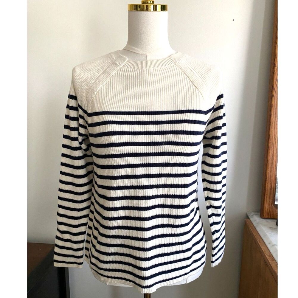 NWOT Talbots Pima Cotton Mariner Stripe Sweater PM Cream Black Nautical Coastal